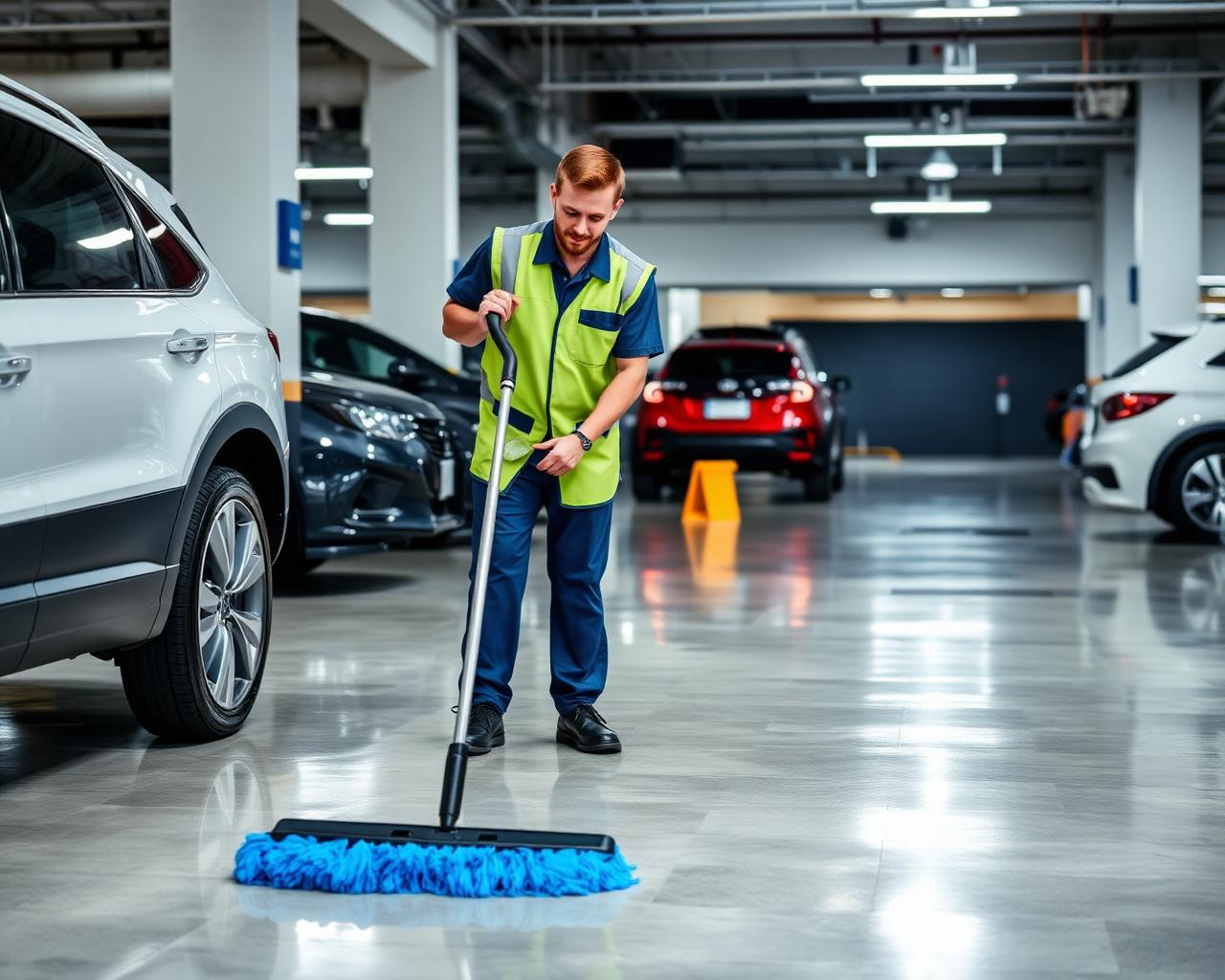 Janitorial crew member mopping a dealership service drive